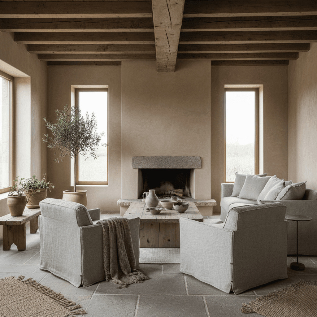 A serene living room in wabi sabi style, featuring natural materials like raw wood beams, handcrafted ceramics, and organic textures. Soft natural light streams through large windows, highlighting the beauty of imperfections. Minimalist furniture with worn edges, neutral earthy tones of beige, gray, and white, and carefully placed plants. The room embraces simplicity, asymmetry, and the acceptance of transience and imperfection. Cozy and tranquil atmosphere with natural textures like linen, stone, and aged wood. - Wabi-Sabi Living Room designed with AI by Interiores AI