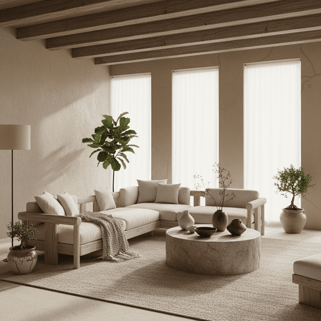 A serene living room in wabi sabi style, featuring natural materials like raw wood beams, handcrafted ceramics, and organic textures. Soft natural light streams through large windows, highlighting the beauty of imperfections. Minimalist furniture with worn edges, neutral earthy tones of beige, gray, and white, and carefully placed plants. The room embraces simplicity, asymmetry, and the acceptance of transience and imperfection. Cozy and tranquil atmosphere with natural textures like linen, stone, and aged wood. - Wabi-Sabi Living Room designed with AI by Interiores AI