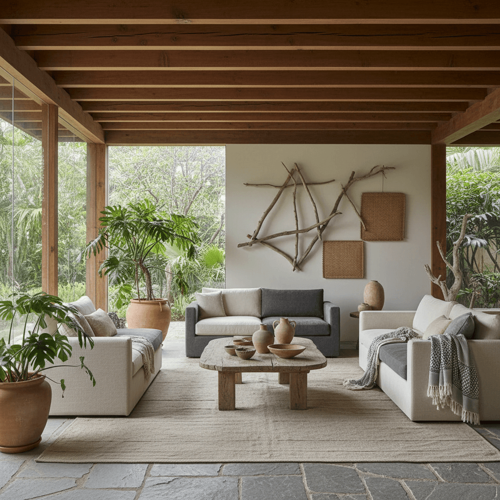 A serene living room in brazilian style, featuring natural materials like raw wood beams, handcrafted ceramics, and organic textures. Soft natural light streams through large windows, highlighting the beauty of imperfections. Minimalist furniture with worn edges, neutral earthy tones of beige, gray, and white, and carefully placed plants. The room embraces simplicity, asymmetry, and the acceptance of transience and imperfection. Cozy and tranquil atmosphere with natural textures like linen, stone, and aged wood. - Brazilian Living Room designed with AI by Interiores AI