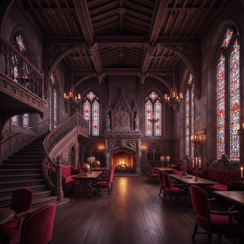 Design a Gótico-style reception area or lobby with dark, rich colors and ornate details. The space features a high, vaulted ceiling with exposed wooden beams and intricate stone carvings. Walls are adorned with stained glass windows in shades of deep red and purple, filtering in dappled light. A dramatic, sweeping staircase curves up to the left, leading to a mezzanine level. The floor is made of polished dark wood, and a grand stone fireplace dominates one wall. Plush, crimson-upholstered banquettes and armchairs are arranged in comfortable nooks, while ornate wooden furnishings and metalwork accents add to the space's sense of luxury and mystique. Soft, golden lighting casts a warm glow over the space, highlighting the intricate carvings and ornate details that seem to whisper secrets to those who enter. - Gothic Reception designed with AI by Interiores AI