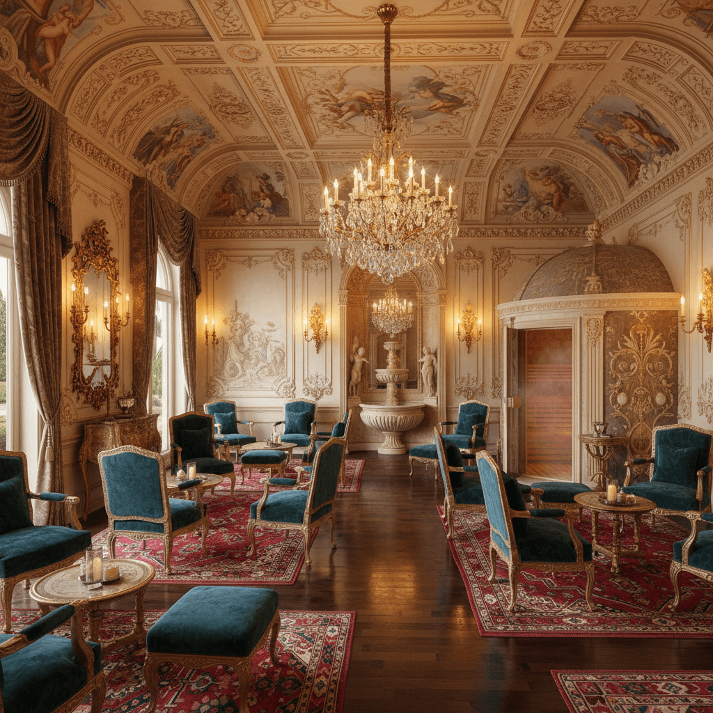 Design a Baroque-style spa or sauna room with rich, opulent details, set amidst a lavish, ornate backdrop. The space features cream-colored, hand-painted walls adorned with gilded, curved moldings and delicate, swirly patterns reminiscent of 17th-century Italian frescoes. The floor is made of polished, dark hardwood, such as walnut or mahogany, and covered in plush, crimson-colored Moroccan-inspired berber rugs. A majestic, crystal chandelier suspended from the ceiling casts a warm, golden glow, while plush, velvet-draped armchairs and ottomans in deep, jewel-toned blues and emerald greens invite relaxation. Warm, golden lighting emanates from candelabras and wall sconces, accentuating the ornate, gilded accents and sumptuous textiles throughout the space. The atmosphere is one of sumptuous luxury, replete with the scent of sandalwood and essential oils, and the soothing sounds of a gentle, - Baroque Spa / Sauna designed with AI by Interiores AI