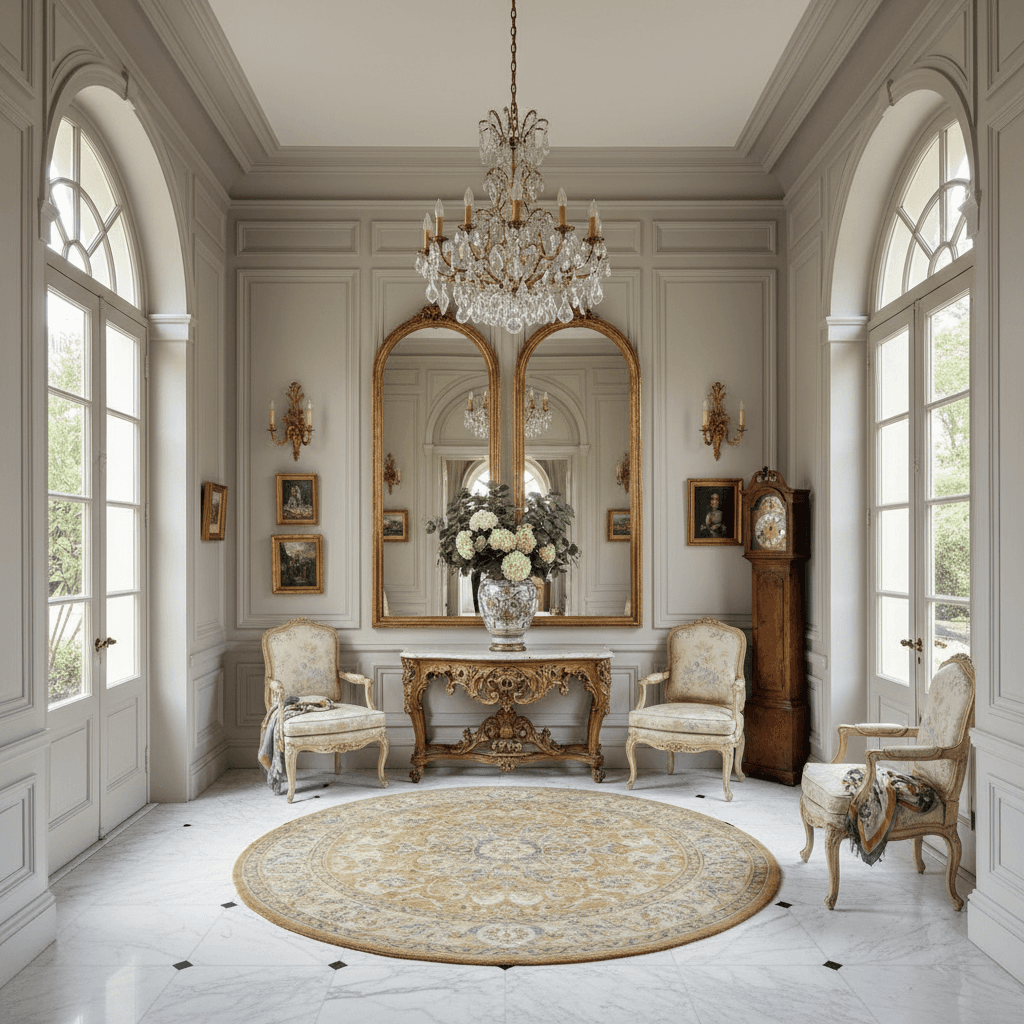 A beautiful entrance or porch designed in Francés style. Transform this interior into a classic French look while maintaining architecture. Use soft colors, ornate lighting, carved wood furniture, and luxurious fabrics. Add paneling or molding effects, elegant mirrors, and curated art for a refined Parisian tone. The space features carefully selected furniture, harmonious colors, natural lighting, and thoughtfully placed decorative elements that create a welcoming and aesthetically pleasing atmosphere. - French Entrance / Porch designed with AI by Interiores AI