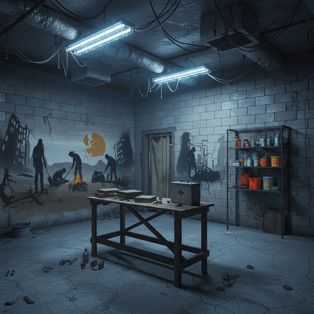 Design a medical office or consulting room in a Post-Apocalyptic style, reminiscent of a makeshift clinic in a world ravaged by disaster. The space should exude a sense of resilience and survival, with a focus on functionality and practicality. The walls are constructed from repurposed concrete blocks, with exposed ductwork and pipes adding to the utilitarian aesthetic. The floor is made of polished concrete, with a few scattered medical supplies and tools strewn about. Fluorescent lights hum overhead, casting an eerie glow over the space. A small, rickety wooden table serves as a makeshift examination table, adorned with a few well-worn medical texts and a battered first-aid kit. The walls are adorned with makeshift murals depicting the struggle for survival in a post-apocalyptic world. The color palette is dominated by shades of grays, blues, and earthy tones, with splashes of bright colors from scavenged medical equipment and supplies. The atmosphere is tense and foreb - Post-Apocalyptic Medical Office designed with AI by Interiores AI