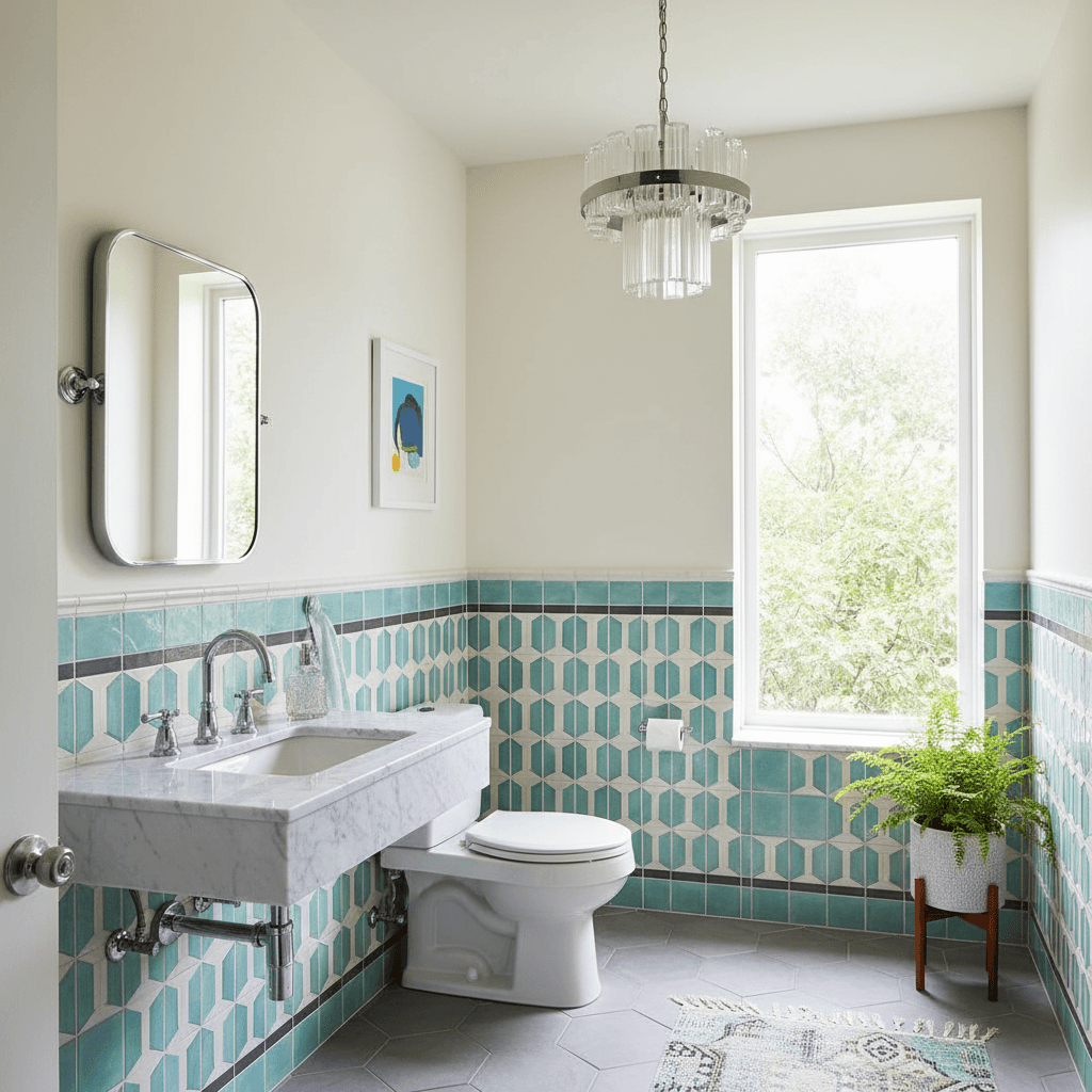 Imagine a powder room in Vintage Moderno style, where Art Deco and Mid-Century Modern influences blend seamlessly. The space is approximately 5' x 7' with a compact footprint, yet feels expansive with a floor-to-ceiling window that floods the area with natural light. Walls are painted a warm, creamy white (Benjamin Moore's "Snowfall White") and adorned with geometric-patterned tile in shades of turquoise, cream, and gray. A sleek, low-profile sink with a chrome faucet sits atop a polished white marble countertop. A vintage-inspired, wall-mounted toilet in a bold, geometric design complements the tile, while a freestanding, chrome-plated mirror adds a touch of glamour. The room's centerpiece is a show-stopping, Art Deco-inspired chandelier made from clear glass and chrome metal. The overall atmosphere is sophisticated, yet playful, with a hint of retro charm. - Modern Vintage Powder Room designed with AI by Interiores AI