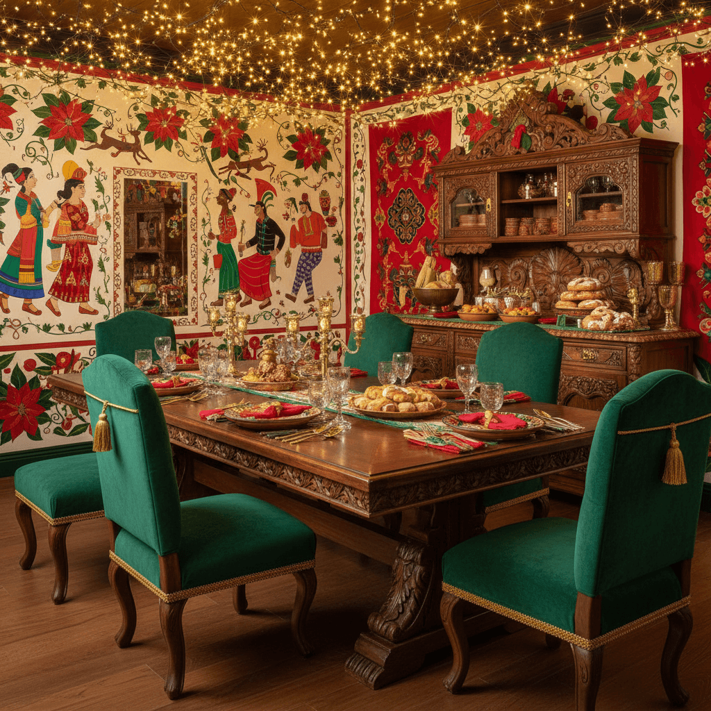 Create a vibrant and festive Navidad-inspired dining room with a warm and inviting atmosphere. The space is dominated by rich, bold colors, with a predominantly red and green palette featuring golden accents. The walls are adorned with ornate, hand-painted Mexican folk art, while the ceiling is adorned with twinkling string lights in a warm, golden glow. A beautifully crafted wooden dining table, adorned with ornate, hand-carved silverware, sits at the room's center, surrounded by plush, emerald green velvet armchairs and matching ottomans. The room is filled with the scent of traditional Navidad treats, such as tamales and pan dulce, wafting from a large, ornate wooden buffet. Soft, golden lighting illuminates the space, casting a warm and cozy glow over the entire room. - Christmas Dining Room designed with AI by Interiores AI