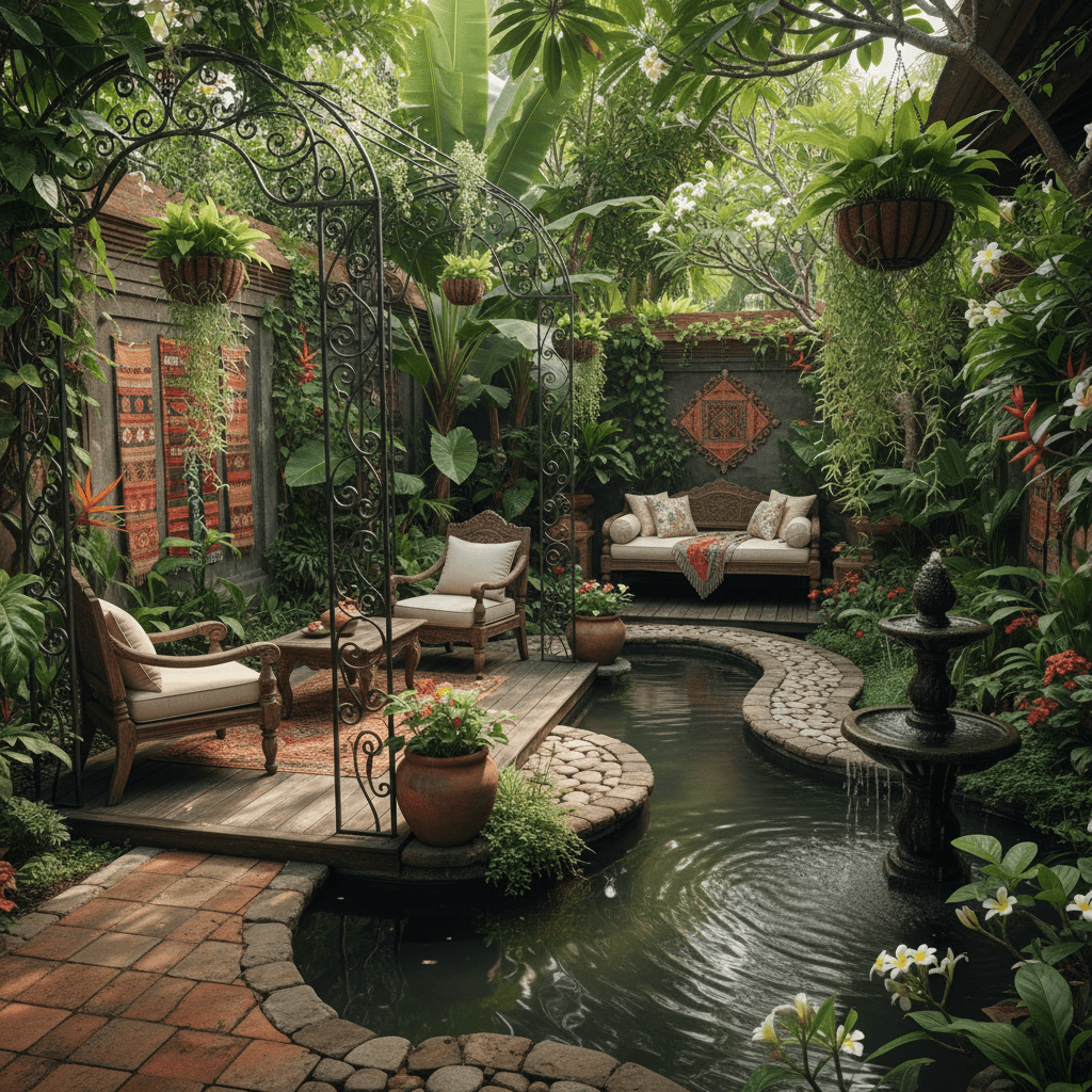Generate a serene and exotic Bali-inspired garden, set amidst lush greenery and vibrant tropical flowers. The space features a natural stone pathway winding through a tranquil pool, surrounded by intricately carved wooden garden furniture and ornate Balinese-inspired metalwork. The walls are adorned with vibrant textiles and lush greenery, with a mix of potted plants and hanging vines adding depth and texture. Soft natural light filters through the leafy canopy above, casting dappled shadows on the terracotta-colored tiles and wooden decking. The atmosphere is calm and peaceful, with the soothing sounds of a babbling fountain and the sweet fragrance of frangipani and jasmine filling the air. - Bali Garden designed with AI by Interiores AI