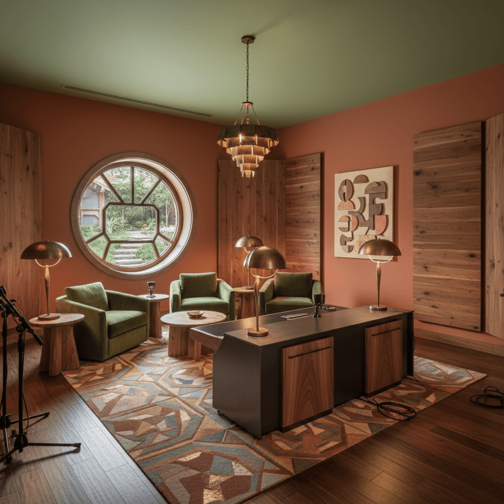 Design a recording studio or streaming room in a Transicional Equilibrado style, blending the organic and geometric elements. The space features a warm, earthy tone palette with rich wood accents, such as reclaimed walnut and terracotta-colored walls. The floor is made of dark-stained hardwood, while the ceiling is a soothing sage green. The furniture includes a sleek, low-profile recording console with built-in acoustic panels, surrounded by plush, oversized armchairs in a mossy green velvet. A statement piece is a striking geometric rug in a mosaic of terracotta, turquoise, and gold. Soft, warm lighting is provided by table lamps with sculptural metal shades, casting a cozy glow on the space. The atmosphere is calm, inviting, and artistic, perfect for creative expression and focus. - Balanced Transitional Recording Studio / Streaming designed with AI by Interiores AI