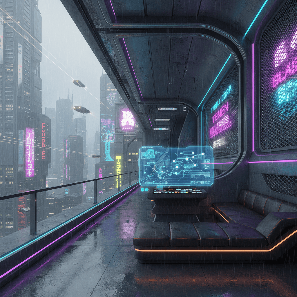 Imagine a sleek, high-tech terrace in the gritty, neon-drenched sprawl of a dystopian metropolis, inspired by the iconic cyberpunk aesthetic of Blade Runner. The space is a seamless fusion of organic and synthetic elements, with a focus on functionality and futuristic sophistication. Walls are clad in a metallic mesh, punctuated by holographic advertisements and pulsing LED strips that cast a kaleidoscope of colors across the floor. A low-slung, angular sofa in a rich, dark leather is arranged around a central console, where a holographic interface displays real-time data on the city's infrastructure and weather patterns. The air is thick with the hum of machinery and the distant thrum of hovercars, as a misty rain falls gently from the sky, casting a mystical, otherworldly glow over the entire scene.