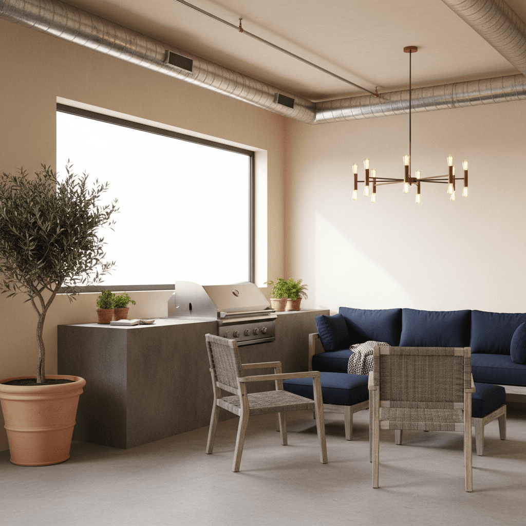 Design a modern grill area in an Urbano Compacto style, evoking the warmth of an Italian summer. The space is approximately 12 feet by 10 feet, with a flat concrete floor and exposed ductwork. Walls are painted a warm, creamy white (Farrow & Ball's "Elephant's Breath"). A large, rectangular window above the grill area allows natural light to flood the space, illuminating the adjacent seating area. A sleek, low-profile gas grill with a stainless steel finish sits atop a contrasting dark gray concrete pedestal. Surrounding the grill, a comfortable seating area features a plush, navy blue sectional sofa with matching ottomans, paired with two wooden, outdoor dining chairs in a distressed finish. A vibrant, pops of greenery from a potted olive tree add a touch of natural elegance, while a stylish, wrought-iron chandelier in a warm, brass finish hangs above the seating area, casting a warm glow over the space. - Compact Urban Grill designed with AI by Interiores AI