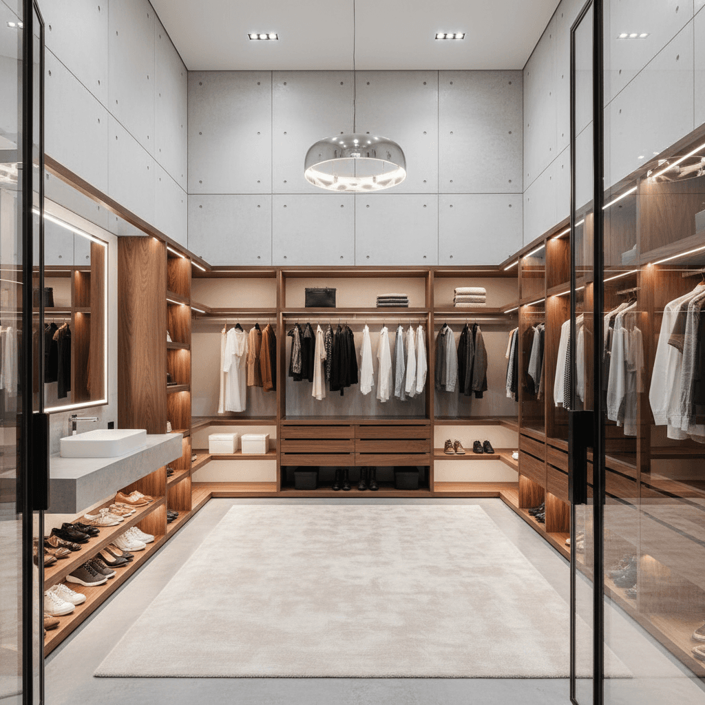 Design a luxurious walk-in closet in Modern Contemporary style, featuring a spacious 12x10 foot area with high ceilings. Install floor-to-ceiling glass doors with a minimalist iron frame, and surround the room with a combination of white and gray polished concrete flooring and wall panels. Add warm LED strip lighting under the shelving units, and incorporate a series of wall-mounted wooden cabinetry with soft-close drawers and glass doors. Incorporate a large, minimalist sink and mirror station, and a built-in shoe rack with a sleek, low-profile design. Use a neutral color palette with accents of rich walnut wood and metallic silver, and finish the space with a plush area rug in a neutral tone. - Modern Contemporary Walk-in Closet designed with AI by Interiores AI