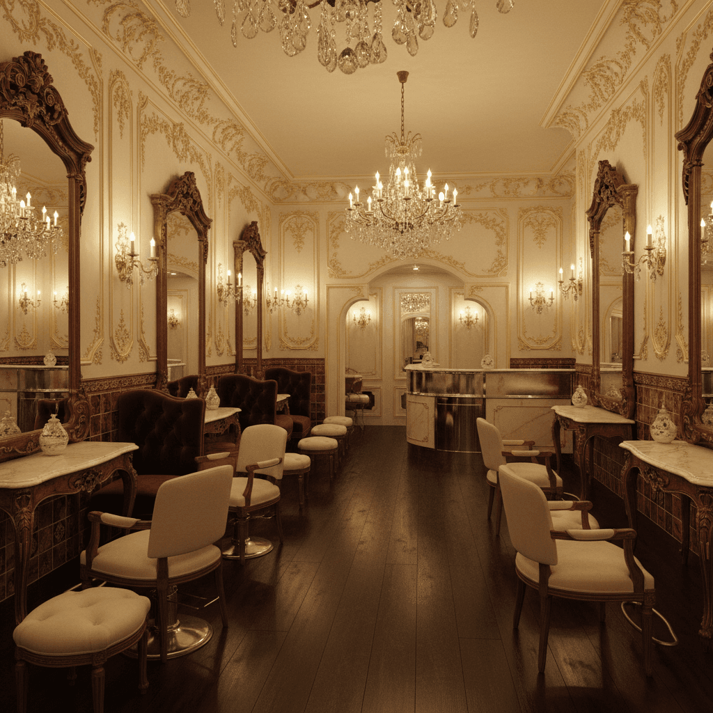 "Design a Hair Salon in French Classic style, with a elegant and sophisticated atmosphere. The space features cream-colored walls, dark hardwood floors, and plush burgundy velvet banquettes. Ornate gold accents adorn the walls, alongside intricately carved wooden frames and ornamental mirrors. Soft candlelight illuminates the space, casting a warm glow on polished marble countertops and richly patterned ceramic tiles. A stylish chrome and glass reception desk sits under a stunning crystal chandelier, while elegant cream-colored armchairs and ottomans invite clients to relax amidst the tranquil ambiance, as the scent of lavender and bergamot wafts through the air." - French Hair Salon / Barbershop designed with AI by Interiores AI
