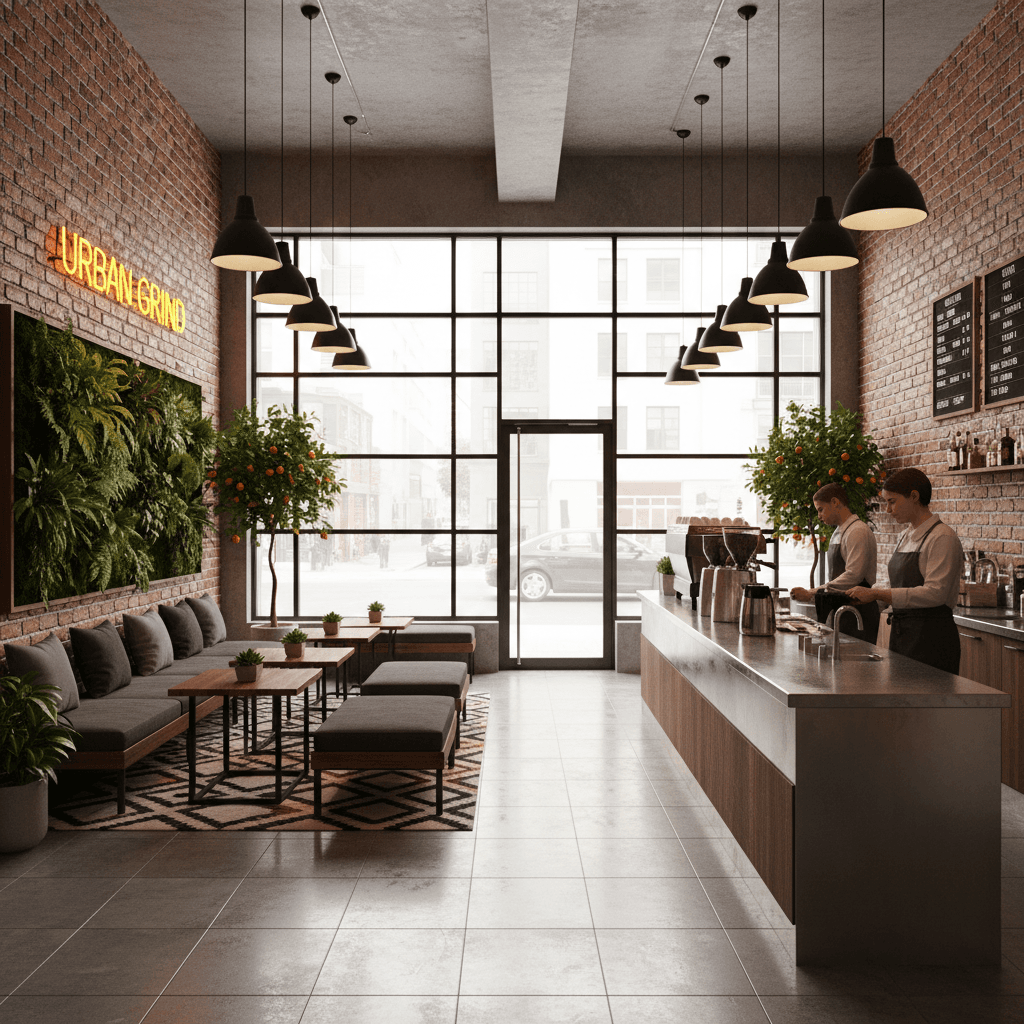 Generate a compact urban coffee shop with a sleek, industrial-chic aesthetic. The space features exposed brick walls, polished concrete floors, and metal accents. A show-stopping living green wall dominates one wall, adding a touch of natural serenity to the space. Comfortable, low-slung banquettes in a rich, dark wood tone are arranged around a striking, geometric-patterned rug. Floor-to-ceiling windows allow for maximum natural light, while pendant lamps with Edison bulbs add a warm, cozy glow to the space. Rich espresso colors and deep charcoal grays provide a sophisticated, urban backdrop for the space, punctuated by pops of citrusy orange and green. - Compact Urban Coffee Shop designed with AI by Interiores AI
