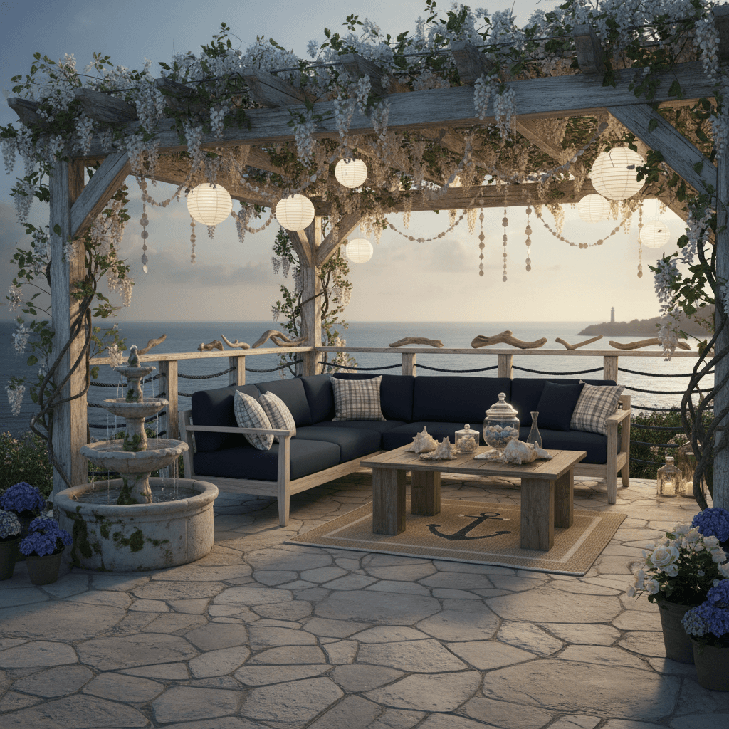 Imagine a serene nautical-themed patio, where the soothing blues and crisp whites of the ocean meet the warmth of weathered wood. The space features a distressed wooden dock-style railing, wrapped in a rich navy blue cable railing, complemented by weathered driftwood accents. A plush, navy blue sectional sofa is anchored beneath a sprawling, leafy pergola, adorned with white lanterns and shells. A natural stone patio provides a textured, ocean-inspired base, while a rustic wooden coffee table adds a touch of coastal charm. The atmosphere is tranquil, with soft, warm lighting and the gentle hum of a nearby water feature, creating an idyllic retreat that feels like a seaside escape. - Nautical Outdoor Patio designed with AI by Interiores AI