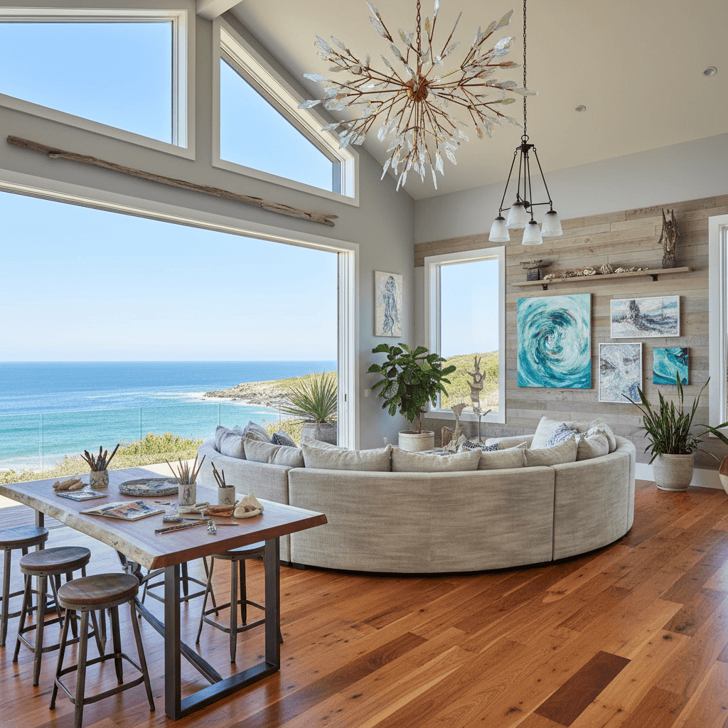 Design a Creative Workshop with a Modern Coastal aesthetic, incorporating natural textures and calming colors. The space features a large glass wall with a sliding panel that opens to the outdoors, flooding the area with ocean views. The floor is made of reclaimed wood planks, polished to a warm sheen. Walls are painted a soothing light gray (Sherwin-Williams' "Comfort Gray"), complemented by crisp white trim and accents of driftwood-finish wood. A stylish sectional sofa in a weathered linen fabric sits in a conversational circle, surrounded by pendant lamps in frosted glass and metal frames. The room is filled with an abundance of natural light, which pours in through the glass wall and highlights the art pieces and creative installations on the walls, including a stunning ocean-inspired chandelier. A wooden worktable with a live edge slab and metal stools completes the space, inviting artists and creatives to express themselves amidst the calming coastal atmosphere. - Modern Coastal Creative Workshop designed with AI by Interiores AI