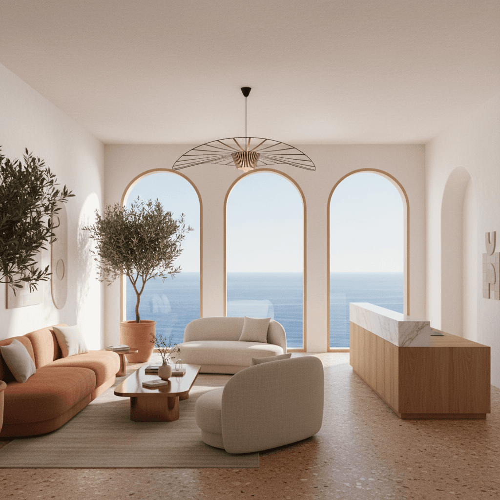 A sunlit, open-concept reception area bathed in warm Mediterranean tones — soft terracotta, creamy white, and sage green — features sleek, curved sofas in textured linen upholstery paired with polished brass coffee tables. A striking geometric pendant light in matte black and gold floats above, casting soft illumination. Earthy terrazzo flooring contrasts with crisp white walls adorned with abstract ceramic tile accents. Lush potted olive trees in terracotta planters add organic greenery, while a sweeping reception desk in light oak with a marble countertop exudes effortless elegance. Expansive arched windows frame panoramic views of the sea, enhancing the airy, inviting atmosphere. - Contemporary Mediterranean Reception designed with AI by Interiores AI