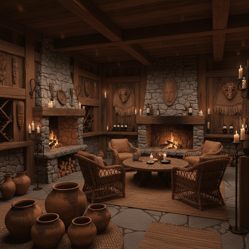 Imagine a dimly lit, intimate wine cellar with earthy tones and natural textures, evoking the spirit of a primal, tribal gathering. Walls are crafted from reclaimed, dark-stained wood, with irregularly-shaped stone hearths and organic, moss-covered terracotta pots adorning the floor. Earthy reds and ochres dominate the color palette, with rich browns and tans complementing the space. Polished wooden accents and woven rattan furniture bring warmth and coziness. The air is thick with the scent of aged wood and the soft glow of candles flickers, casting shadows on rough-hewn stone walls, as a roaring fire crackles in a wooden hearth, surrounded by vintage tribal artifacts and weathered leather armchairs. - Tribal Wine Cellar designed with AI by Interiores AI