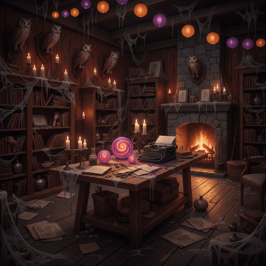 Design a dimly lit, cozy Creative Workshop with a Halloween twist, filled with vintage and eclectic elements. The space features distressed wooden walls, adorned with cobweb-covered taxidermy owls and flickering candles. The floor is made of worn, wooden planks, and the walls are lined with old, leather-bound books and peculiar artifacts. A large, wooden workbench dominates the room, topped with an assortment of eerie, yet creative, tools such as vintage typewriters, antique scissors, and mysterious, glowing orbs. The walls are painted a deep, rich red, and the air is filled with the scent of old paper, wood, and spices. String lights made from paper lanterns in orange and purple hues cast an otherworldly glow, while a roaring fireplace crackles in the background, casting shadows on the walls. The atmosphere is one of whimsical, Gothic creativity, inviting artists to unleash their inner darkness and imagination. - Halloween Creative Workshop designed with AI by Interiores AI