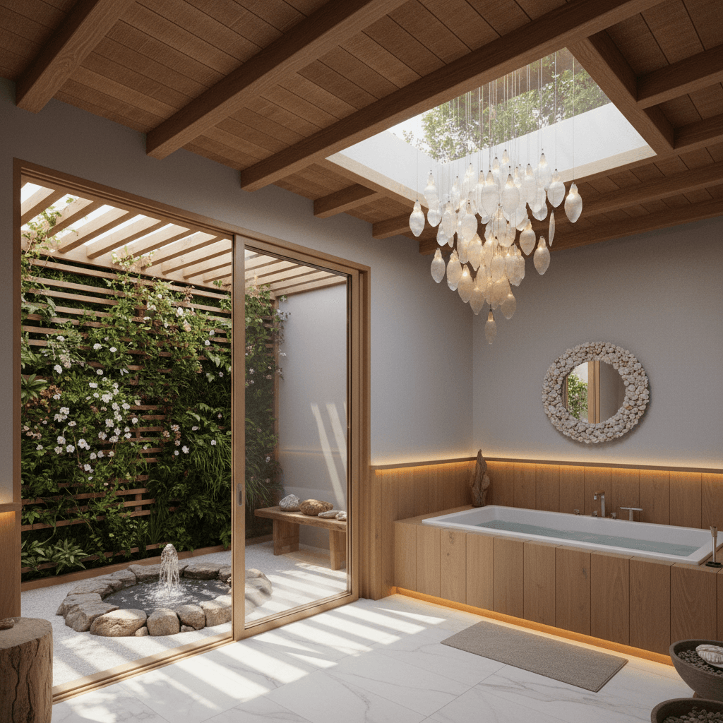 Create a serene spa room in a biophilic style, surrounded by nature. The space features a floor-to-ceiling living wall with lush greenery and flowering vines, cascading down a wooden trellis. The walls are painted a soothing light gray, and the ceiling is a natural wood beam structure with exposed wooden shingles. A large glass door leads to a private outdoor courtyard with a tranquil water feature, where a small fountain bubbles and splashes amidst a ring of native stone. Plush white marble flooring and walls of soft, warm wood surround a freestanding soaking tub, while a retractable skylight above allows sunlight to pour in. A carefully curated selection of natural stone and driftwood accents, including a reclaimed wood bench and a shell-adorned mirror, adds organic texture and visual interest. The space is illuminated by warm, soft LED lighting and a stunning chandelier made from a natural sea glass pendant. - Biophilic Spa / Sauna designed with AI by Interiores AI