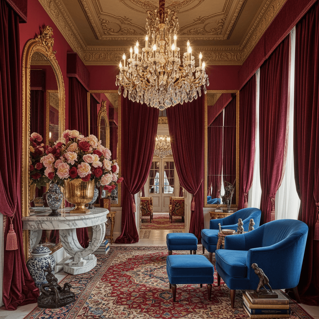 Design a grand entrance in Maximalist style, featuring a richly textured and opulent atmosphere. The space is approximately 10 feet wide and 8 feet tall, with a soaring ceiling adorned with a statement chandelier. Walls are painted a deep, bold crimson (color code: Pantone 208C), and floor-to-ceiling curtains made of heavy, velvety burgundy velvet (material: silk velvet) line the space, punctuated by floor-to-ceiling mirrors. A grand, curvaceous marble console table (material: Carrara marble) supports a stunning, oversized floral arrangement (flowers: peonies and garden roses) in a gleaming, gold metal planter (material: 24k gold-plated metal). Plush, oversized armchairs in a deep, rich blue (color code: Pantone 2965C) are arranged in a dramatic, asymmetrical pattern, with a matching ottoman at the base of each chair. The room is - Maximalist Garden designed with AI by Interiores AI