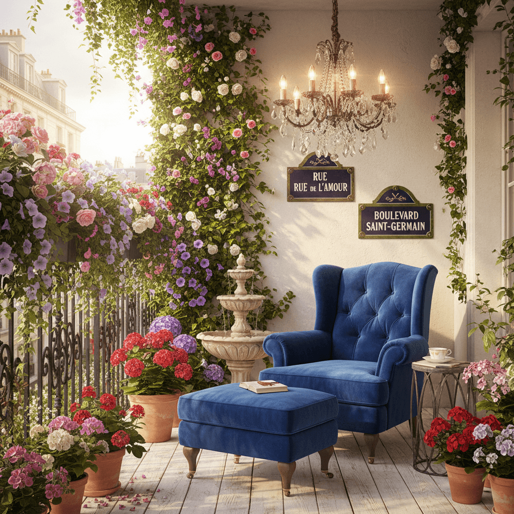 Design a charming Parisian balcony with a wrought-iron railing, adorned with soft greenery and a lush floral display. The balcony's walls are painted a warm, creamy white, while the floor is made of weathered wood. A plush, oversized armchair in a deep, rich blue fabric is placed in a sunny nook, with a matching ottoman at its feet. A delicate, crystal chandelier hangs above the seating area, casting a warm, golden glow. A small, ceramic fountain plays a gentle melody, surrounded by potted geraniums and a few strategically placed, vintage Parisian street signs. The overall atmosphere is one of elegant, understated joie de vivre. - Parisian Balcony designed with AI by Interiores AI