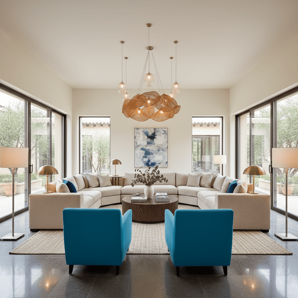 Design a sleek and inviting Contemporary Mediterranean-style living room with a neutral color palette, warm textures, and sophisticated lighting. The space features a rectangular floor plan with a 12-foot ceiling, surrounded by floor-to-ceiling sliding glass doors that lead out to a tranquil courtyard garden. Walls are painted a soft, creamy white (Benjamin Moore's Simply White), while the floors are made of warm, dark gray marble. A plush sectional sofa in a light beige color (Café au Lait) is arranged in a conversational circle around a low, circular coffee table made of rich, dark wood. Accent chairs are upholstered in a vibrant, turquoise blue fabric, adding a pop of color and energy to the space. Table lamps with sculptural metal shades and floor lamps with slim, cylindrical silvers add a touch of glamour, while a stunning chandelier made of woven rattan and glass pendant lights hangs above the seating area, casting a warm, golden glow. The overall atmosphere is relaxed, - Contemporary Mediterranean Living Room designed with AI by Interiores AI