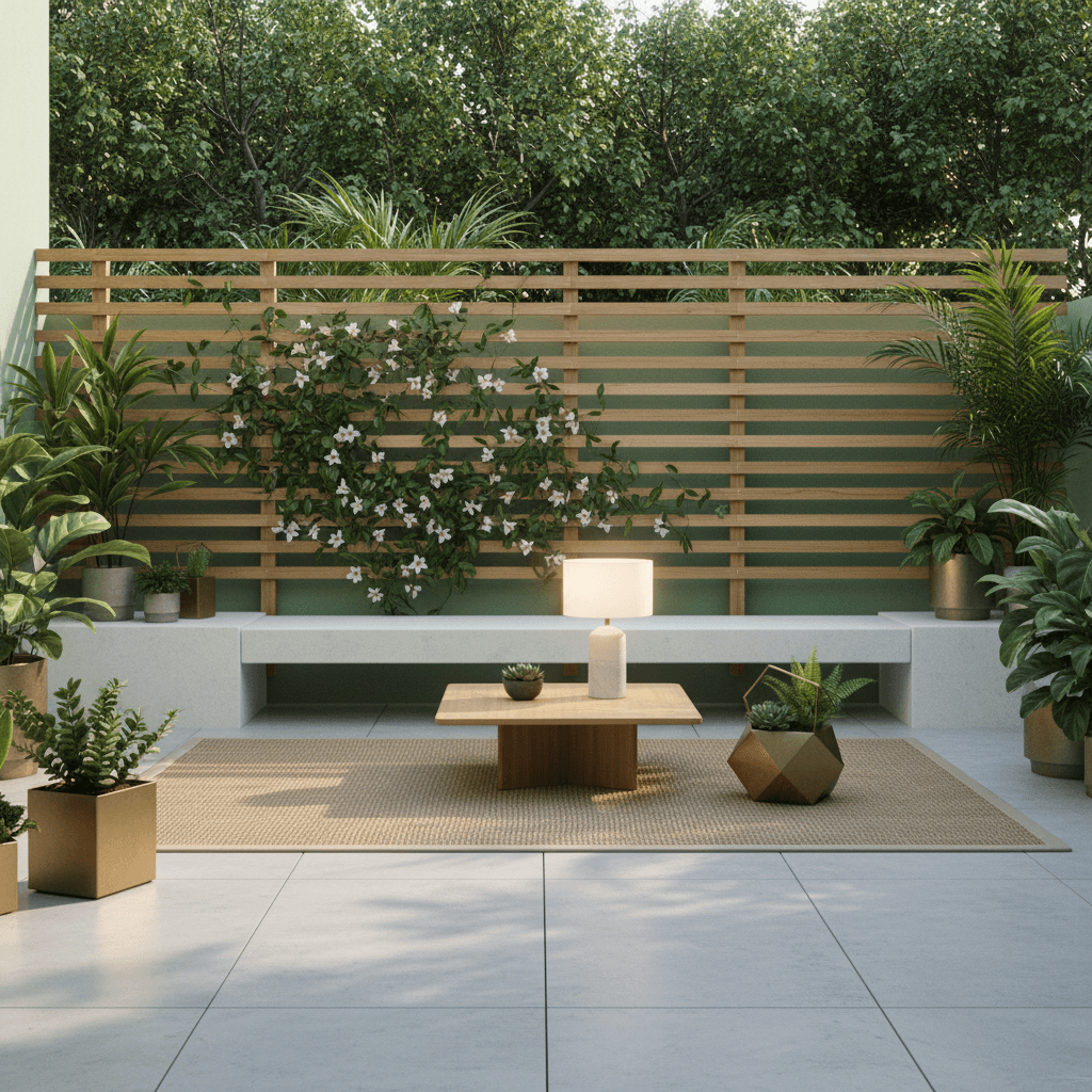 Generate a minimalist terrace with a calming atmosphere, set against a backdrop of lush greenery. Incorporate clean lines, neutral tones, and natural textures. A wooden trellis supports a flowering vine, while a low-slung, white concrete bench invites relaxation. Soft, warm lighting emanates from a table lamp, casting a gentle glow on a natural fiber rug. The walls are painted a soothing sage color, allowing the surrounding foliage to take center stage. The space is accented with a few carefully selected, geometric planters in a metallic finish, adding a touch of industrial chic. - Simple Terrace designed with AI by Interiores AI