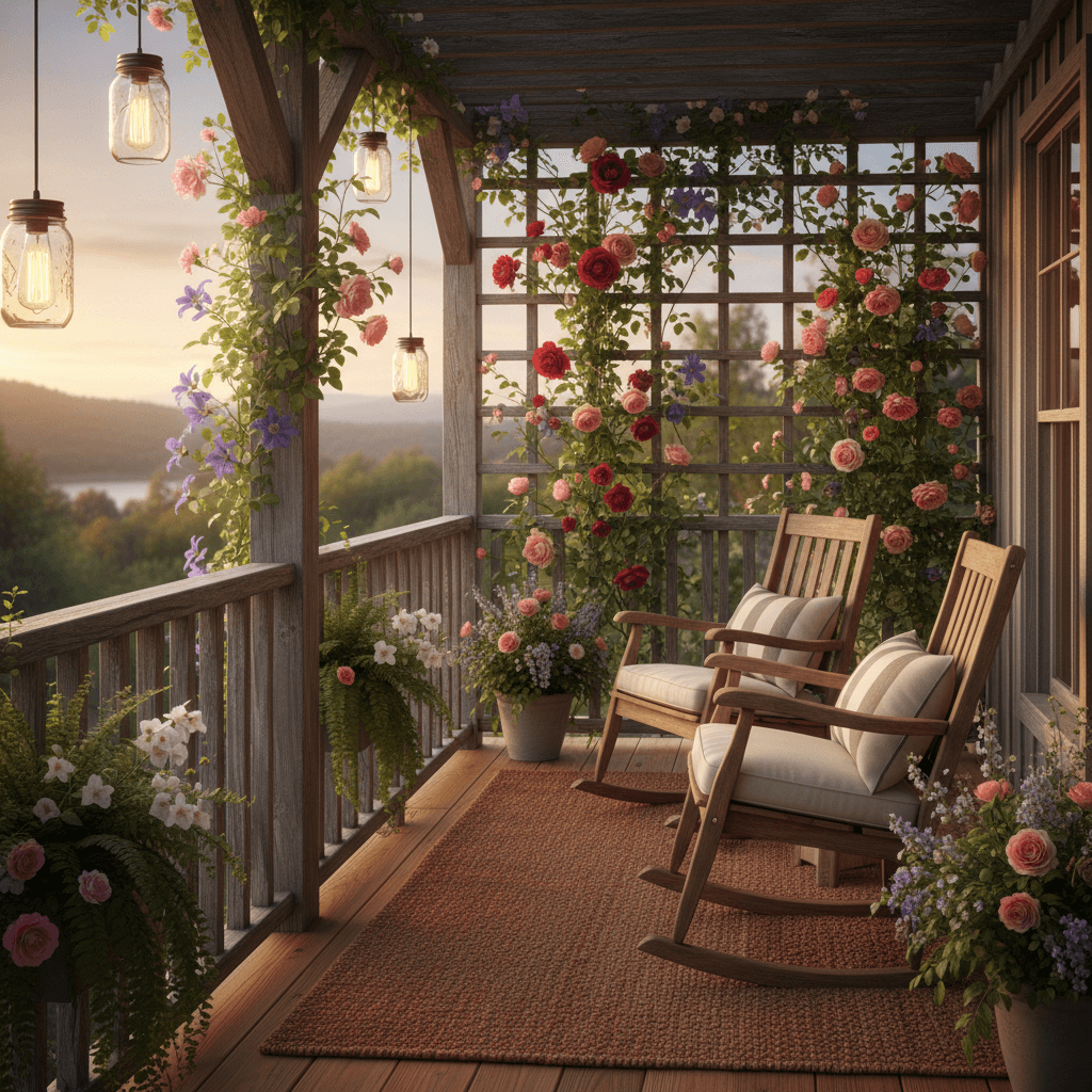 Design a cozy Modern Farmhouse-style balcony with rustic charm, surrounded by lush greenery. The space features a distressed wood railing, weathered to a warm, silvery gray, and adorned with lush ferns and flowering vines. The floor is made of rustic wooden planks, in a warm honey-brown tone, with a soft, plush area rug in a natural fiber and earthy red hue. A pair of worn, wooden rocking chairs, with soft cushions in a creamy white and gray stripe, sit invitingly beneath a sturdy wooden trellis, where climbing roses and clematis bloom in vibrant colors. The lighting is warm and intimate, provided by pendant lanterns made from mason jars and Edison bulbs, suspended from the railing. Soft, warm golden light spills out onto the balcony, illuminating the lush foliage and inviting relaxation. - Modern Farmhouse Balcony designed with AI by Interiores AI