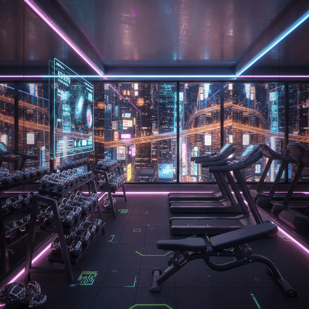 A high-tech home gym bathed in neon glows, with mirrored reflective walls reflecting the luminous pink, blue, and purple lights. The floor is black rubber with green and yellow holographic patterns. Heavy-duty metal racks hold sleek, chrome weights that gleam under the ambient glow. Retro-futuristic cardio machines have glowing screens with sci-fi graphics. A wall-mounted smart panel displays personalized workout metrics in holographic font. The air is filled with the hum of machines and the faint scent of ozone. A large window reveals a sprawling metropolis below, illuminated by a sea of neon signs. The atmosphere is intense, dynamic, and charged with futuristic energy.