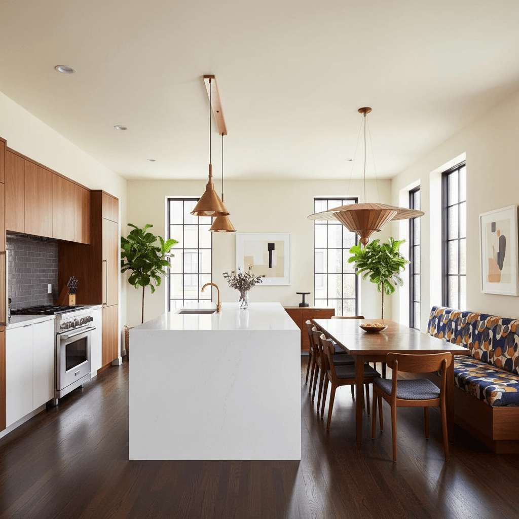 Design an Open Integrated Kitchen in a Contemporary Mid-Century style, featuring a large island with a white quartz countertop, extending into a dining area. Walls are painted a warm, creamy white, while floors are made of rich, dark hardwood. A sleek, low-profile gas range and induction cooktop are positioned against a dark gray subway tile backsplash, adjacent to a built-in banquette with cushioned seats and tufted upholstery in a bold, graphic fabric. Floor-to-ceiling windows allow natural light to pour in, illuminating a show-stopping pendant light fixture made from a sculptural metal shade suspended from a minimalist wooden beam. - Current Mid-Century Integrated Kitchen designed with AI by Interiores AI