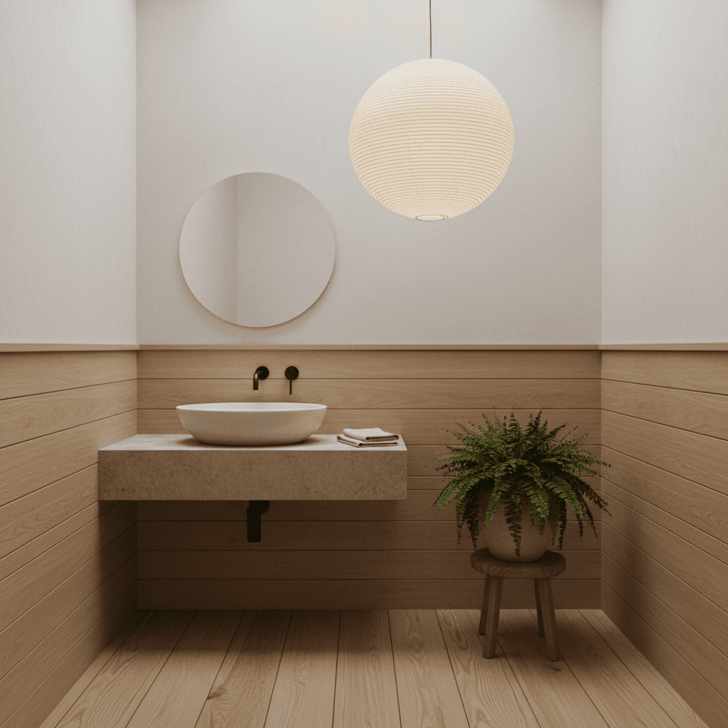 The powder room is a serene sanctuary with a Natural Japandi aesthetic, blending Scandinavian simplicity and Japanese minimalism. The walls are adorned in a soft, matte whitewash with natural wood paneling in a light oak finish, creating warmth and texture. The freestanding ceramic sink has a clean, organic shape with a matte black faucet, complemented by a naturally textured stone countertop in a neutral beige tone. Flooring is made of reclaimed wood in a light, warm hue, adding to the organic feel. The space is illuminated by a handcrafted paper pendant light with a soft, diffused glow, while a single, potted fern adds a touch of greenery. The atmosphere is calm and uncluttered, evoking a sense of tranquility and natural harmony. - Natural Japandi Powder Room designed with AI by Interiores AI