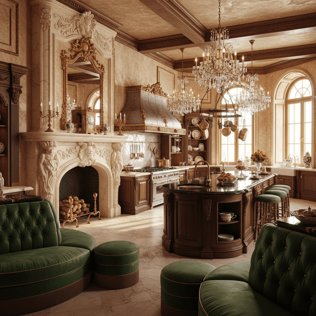 Imagine a grand, opulent kitchen bathed in warm, golden light, with rich, Baroque-inspired details. The space is dominated by a stunning, curved stone fireplace, its mantle adorned with intricate carvings and ornate mirrors. Cream-colored, velvety walls and ceilings provide a sumptuous backdrop, while dark, polished wood accents add depth and luxury. Plush, emerald-green banquettes and matching ottomans line the perimeter, upholstered in sumptuous silk and studded with gleaming, brass buttons. Majestic, antique-inspired range hoods and ornate, crystal chandeliers suspended from the ceiling add a touch of regal drama, while a gleaming, black granite island at the center of the space provides a striking, functional focal point. - Baroque Kitchen designed with AI by Interiores AI