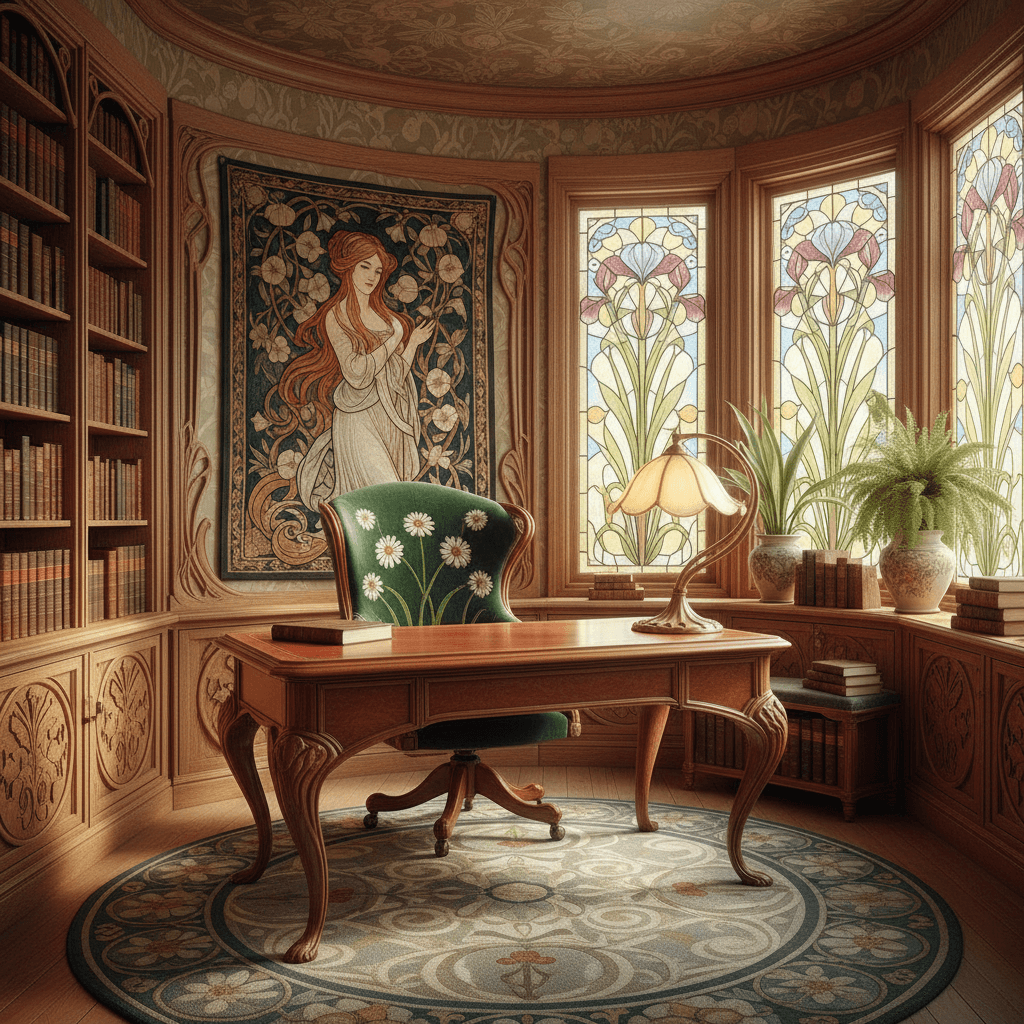 A sunlit, high-ceilinged home office showcases Art Nouveau elegance with intricate, flowing floral patterns carved into the oak wood paneling. Delicate stained-glass windows cast soft, colorful light across a polished cherrywood desk with curving legs. A plush velvet armchair in deep emerald green, adorned with embroidered daisy motifs, sits beneath a matching, ornate tapestry. Brass-framed shelves display antique books with gilded spines, while a vintage desk lamp with a carved alabaster shade provides warm, ambient lighting. Soft, patterned wallpaper in muted gold and green complements the space, creating an inspiring, artistic retreat. - Art Nouveau Office / Home Office designed with AI by Interiores AI