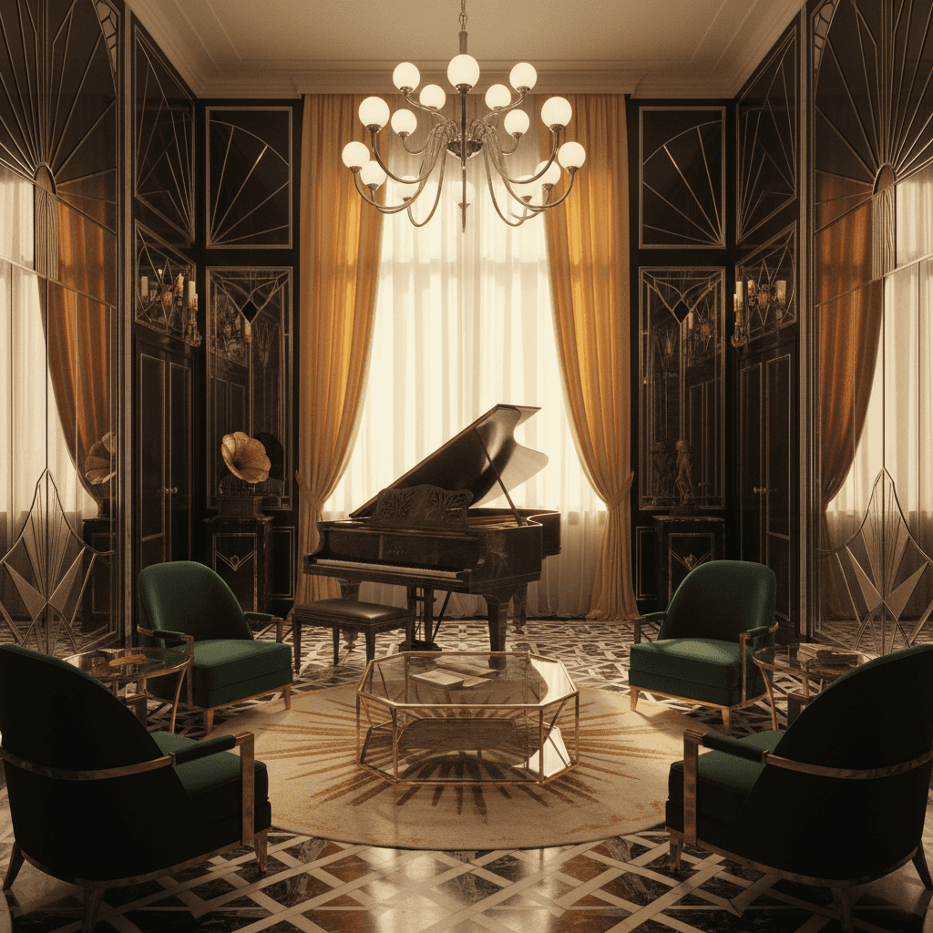 A luxurious 1920s Art Deco music room bathed in warm, golden light. The walls are clad in rich, high-gloss black lacquer, adorned with geometric sunburst patterns in silver and gold. A grand piano in polished ebony with mother-of-pearl inlays sits at the center, flanked by mirrored wall panels. Plush velvet armchairs in deep emerald green are arranged around a geometric glass coffee table, while a statement chandelier with sleek chrome arms and frosted glass globes casts a soft glow. Marble floors with intricate geometric tiles add opulence, and floor-to-ceiling windows drape in silken gold curtains, enhancing the glamorous, high-energy ambiance. - Art Deco Music Room / Studio designed with AI by Interiores AI