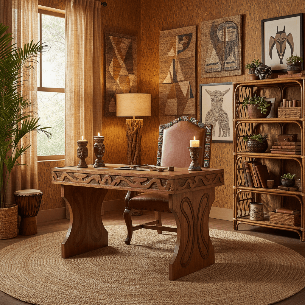 A cozy home office bathed in warm, earthy tones, featuring a large, hand-carved wooden desk with intricate tribal patterns, paired with a high-back leather chair adorned with tribal beadwork. The walls are textured with natural woven wall hangings and rugged, bark-like wallpaper in deep ochre. A handwoven jute area rug anchors the space, complementing the woven rattan shelving and tribal art prints. Soft, ambient lighting is provided by a sculptural bark lamp and candle holders, creating a serene, culturally rich atmosphere perfect for focused work. - Tribal Office / Home Office designed with AI by Interiores AI