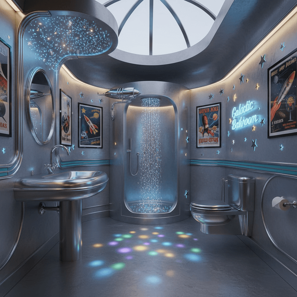 Design a bathroom in Retro Futuristic style, evoking the nostalgia of 1950s and 60s space age design. The space features a sleek, silver-painted concrete floor and walls, with geometric patterns of turquoise and chrome accents. A curved, chrome-plated sink with a retro-style faucet and a pedestal base stands under a domed, translucent glass ceiling, casting a kaleidoscope of colors on the floor. A built-in, chromed-out shower cubicle with a rounded, flared entrance and a chrome-plated showerhead, suspended from a glowing, fiber-optic "starfield" above, provides a futuristic bathing experience. Walls adorned with retro-style, glow-in-the-dark star stickers and a chromed-out, wall-mounted toilet complete the Retro Futuristic aesthetic, while a collection of vintage sci-fi posters and a retro-style, neon-lit "Galactic Bathroom" sign add to the nostalgic charm. - Retro Futuristic Bathroom designed with AI by Interiores AI