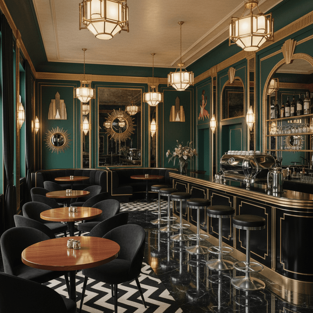 A 1920s-inspired Art Deco coffee shop with mirrored gold accents, deep emerald green walls, and polished black marble flooring. Glossy cherry wood tables paired with sleek black velvet chairs create a luxurious yet inviting atmosphere. Ambient lighting from geometric brass chandeliers and wall sconces with frosted glass casts a warm, inviting glow. A grand, black lacquered counter with gold trim houses a vintage espresso machine, surrounded by chrome bar stools. Decorative touches include sunburst mirrors, zigzag patterned rugs, and Art Deco-style murals on the walls. Dark, plush booths are tucked into mirrored alcoves, offering cozy nooks for patrons. The overall space is elegant, glamorous, and timeless, evoking the opulence of the Jazz Age. - Art Deco Coffee Shop designed with AI by Interiores AI