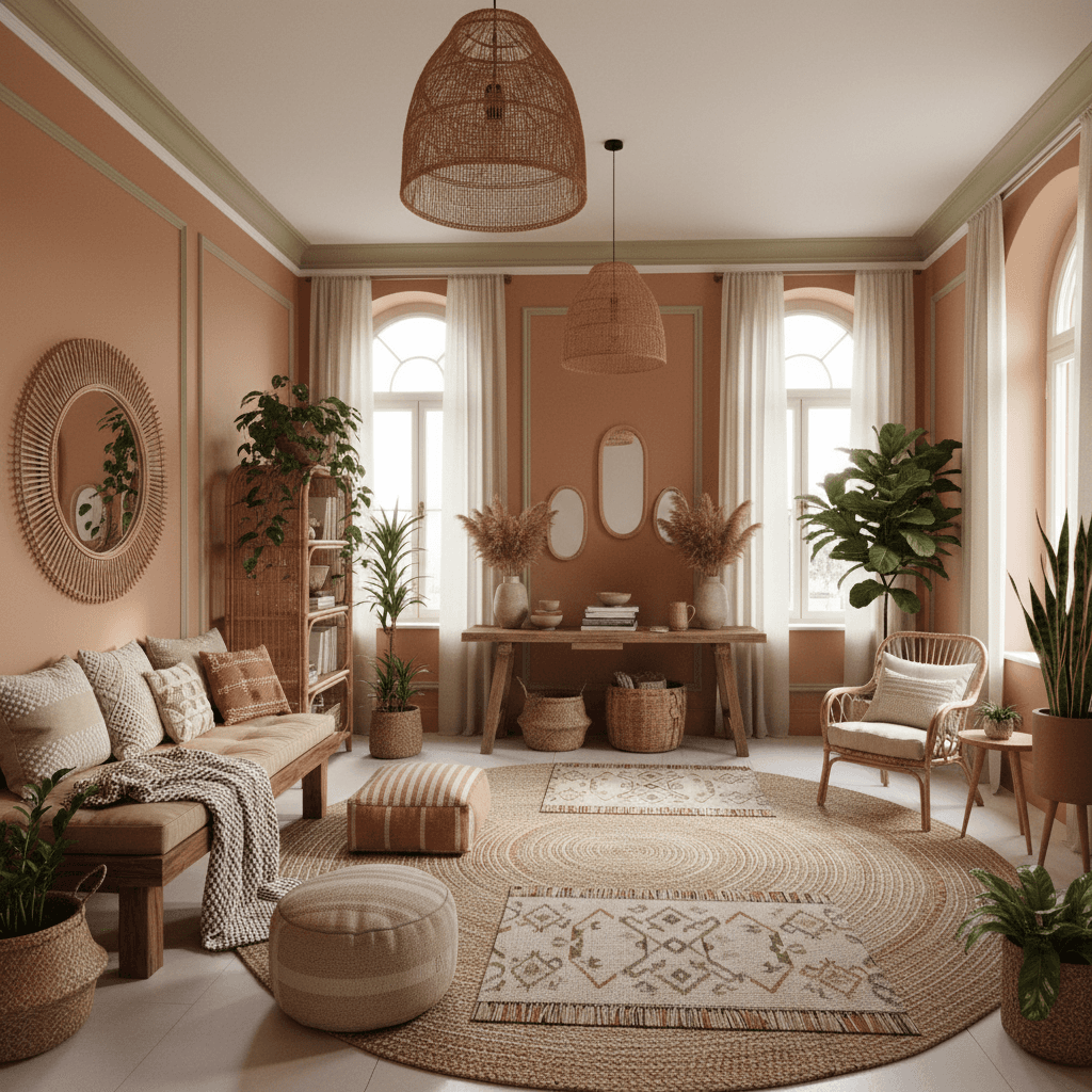 A beautiful Entrance designed in Natural Boho Chic style. Transform this interior space into natural boho chic style while maintaining the original room layout, walls, windows, and architectural features. Use a warm palette with terracotta, beige and soft greens. Layer a jute rug with a patterned cotton rug. Mix linen and crochet cushions, light throws and baskets. Choose solid wood or rattan furniture and add low poufs or benches. Incorporate many plants, natural framed mirrors and fiber shade lamps. Keep clear circulation and create cozy reading nooks. The space features carefully selected furniture, harmonious colors, natural lighting, and thoughtfully placed decorative elements that create a welcoming and aesthetically pleasing atmosphere. - Natural Boho Chic Entrance / Porch designed with AI by Interiores AI