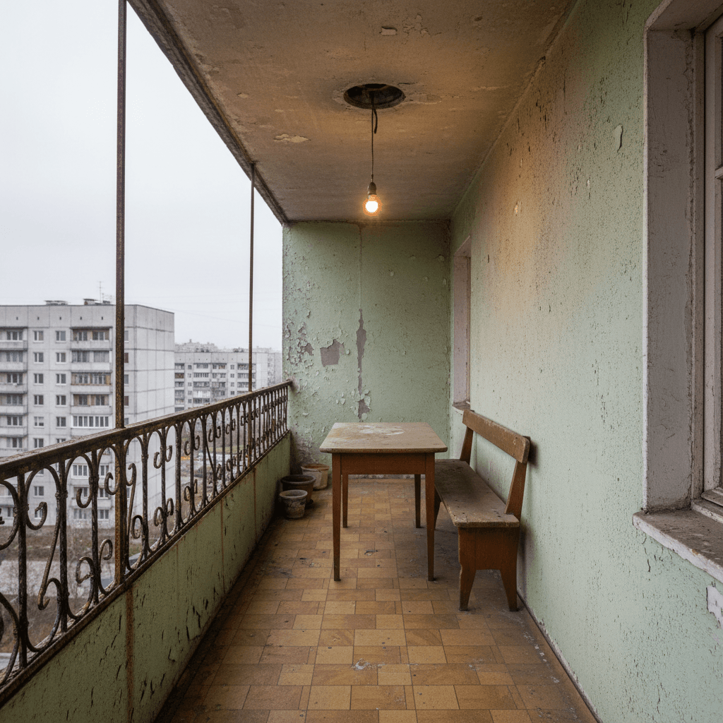 A narrow, weathered concrete balcony in a Soviet-era apartment, adorned with peeling paint and worn-out wrought-iron railings. A simple wooden table with chipped edges and a matching bench, both in faded dark wood, sit against the wall. The floor is covered in worn-out linoleum, slightly discolored with age. A single, bare lightbulb hangs from the ceiling, casting a dim, yellowish glow. The atmosphere is austere and functional, with a touch of lived-in nostalgia. - Soviet Balcony designed with AI by Interiores AI