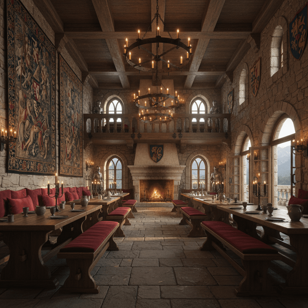 A beautiful Restaurant designed in Medieval style. Restyle this interior into medieval style while preserving walls. Use heavy wood furniture, stone textures, wrought iron hardware, and deep colors. Add tapestries, candle-like lighting, and arched motifs for a historic ambiance. The space features carefully selected furniture, harmonious colors, natural lighting, and thoughtfully placed decorative elements that create a welcoming and aesthetically pleasing atmosphere. - Medieval Restaurant designed with AI by Interiores AI