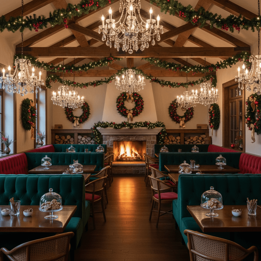 A cozy, elegant Christmas-style restaurant with a rustic yet refined aesthetic. Twinkling string lights and garlands adorn the ceiling, while a crackling fireplace sets a warm, inviting glow. Rich, jewel-toned velvet banquettes line the walls, paired with polished mahogany tables and woven rattan chairs. Crystal chandeliers, oversized wreaths, and festive ornaments adorn the space, creating a luxurious holiday atmosphere. Soft, ambient lighting enhances the intimate setting, complemented by the scent of pine, cinnamon, and freshly baked gingerbread. The design exudes timeless charm, blending classic Christmas decor with modern sophistication. - Christmas Restaurant designed with AI by Interiores AI