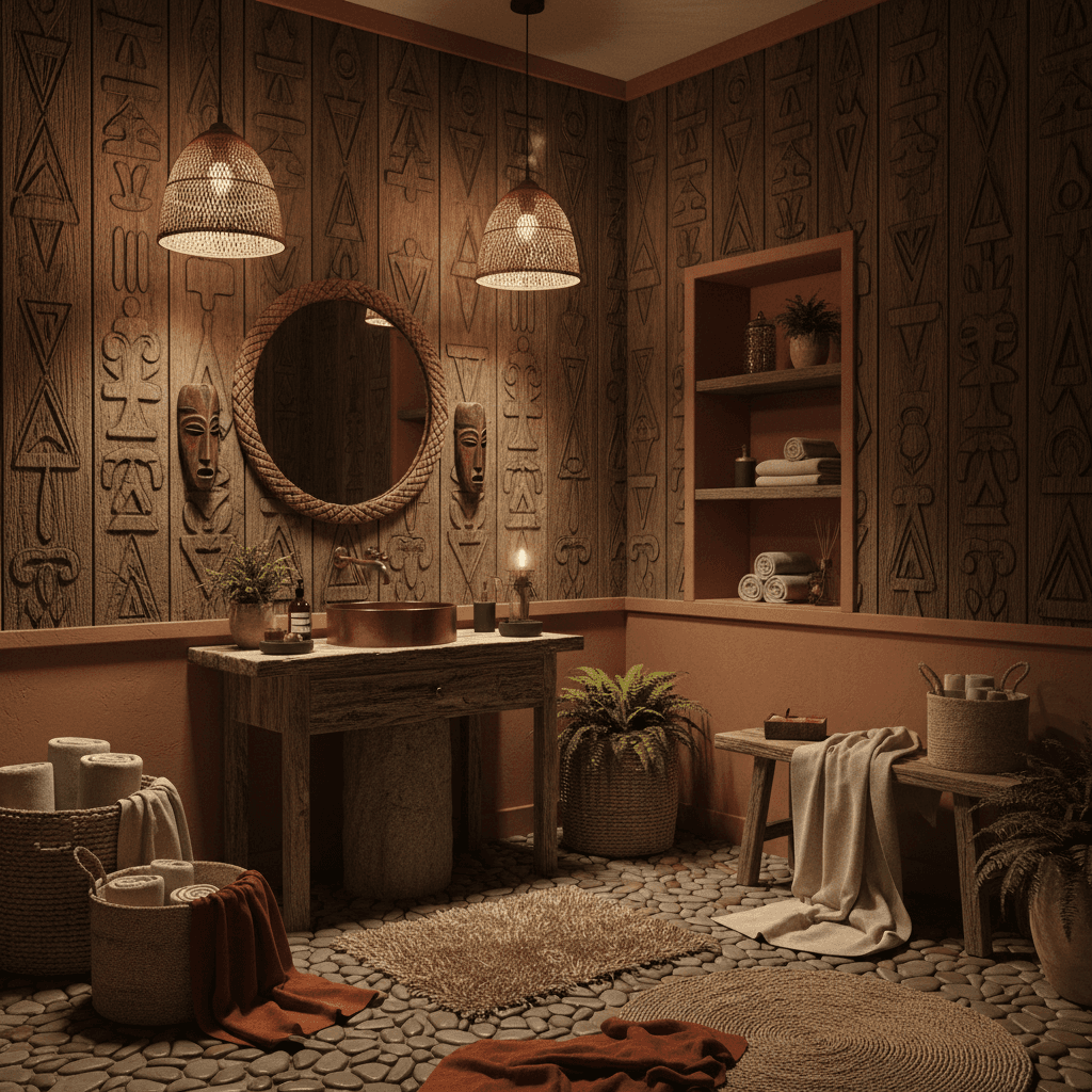 Design a bathroom in a tribal style, with earthy tones and natural textures. The space features rough-hewn wooden walls adorned with intricate carvings, reminiscent of tribal art. The floor is made of polished river rocks, creating a sense of warmth and organic feel. The walls are painted a soothing earthy brown, complemented by rich terracotta accents and woven baskets made of natural fibers. A stunning reclaimed wood vanity sits atop a pedestal made of rough-hewn stone, surrounded by plush throw blankets in earthy tones. Soft golden lighting emanates from woven rattan pendant lamps, casting a warm glow over the space. The overall atmosphere is one of cozy, rustic luxury, evoking the warmth and mystery of a tribal oasis. - Tribal Bathroom designed with AI by Interiores AI
