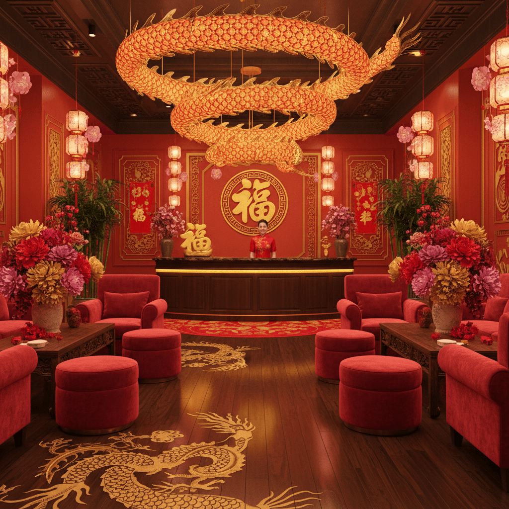 Design a vibrant and festive Chinese New Year reception area with a traditional red and gold color scheme. The space features a polished wooden floor, adorned with intricate carvings of Chinese dragons and phoenixes. Walls are painted a warm red hue, complemented by golden accents and ornate lanterns in the shape of plum blossoms and couplets. Comfortable red velvet armchairs and matching ottomans are arranged around a low, ornate table, surrounded by a lush arrangement of potted bamboo and Chinese paper flowers. Soft golden lighting casts a warm glow, while a stunning dragon-shaped pendant chandelier hangs above the reception desk, adding a touch of drama and celebration to the space. - Chinese New Year Reception designed with AI by Interiores AI