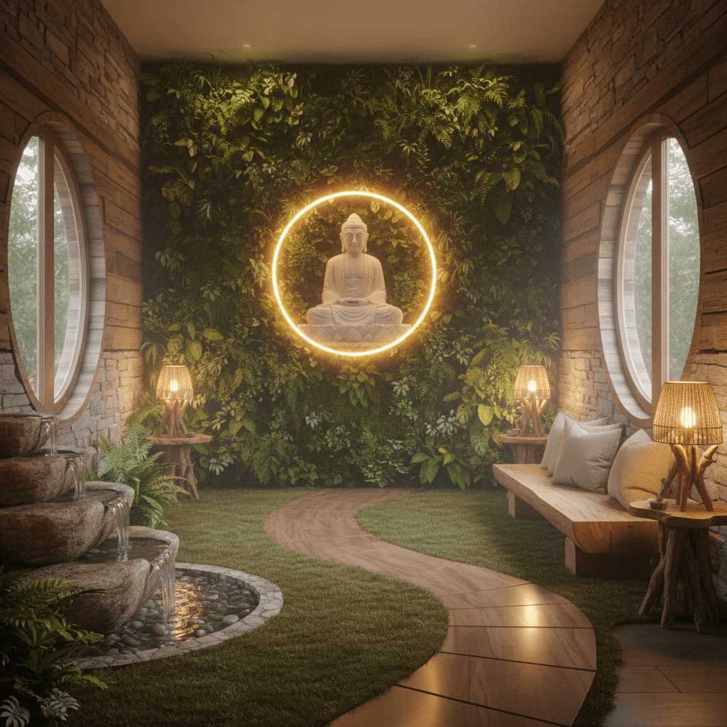 Create a serene Biophilic meditation room with a natural, earthy aesthetic, featuring a large living wall of lush greenery, a meandering wooden path, and a soothing water feature. The space is filled with soft, warm light from table lamps with reclaimed wood shades, and the walls are adorned with natural stone and reclaimed wood accents. The floor is covered with a plush area rug in a muted, moss-green color, and the furniture is minimal, with a low-slung wooden bench and a few natural fiber pillows in calming shades of beige and sage. The air is filled with the scent of essential oils, and the sound of gentle water flow creates a sense of tranquility, as the room's focal point is a stunning stone Buddha statue surrounded by a halo of soft, diffused light. - Biophilic Meditation Room designed with AI by Interiores AI