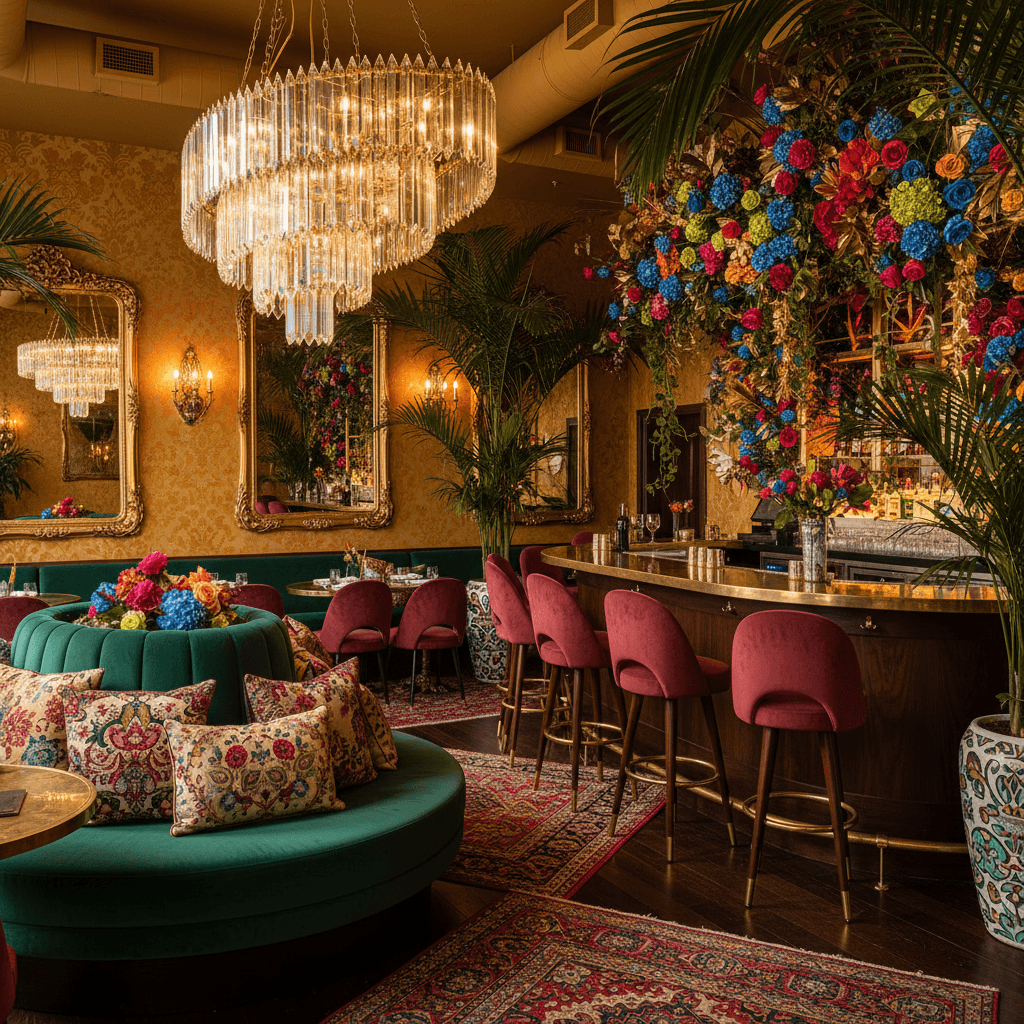 Create a vibrant, opulent restaurant space in the style of Maximalism, blending eclectic patterns, rich textures, and bold colors. Set amidst a lush, verdant backdrop, the room features a curved, crystal chandelier suspended above a plush, emerald green banquette adorned with intricate, hand-embroidered velvet pillows. Walls are painted a warm, golden yellow, while floors are made of rich, dark hardwood. A sprawling, curved wooden bar in a rich, espresso stain dominates one wall, surrounded by plush, velvet-upholstered stools in a deep, berry wine hue. The atmosphere is electric, with oversized, ornate mirrors, metallic accents, and a show-stopping, floor-to-ceiling floral installation in a riot of colors, adding to the space's drama and sense of indulgent excess. - Maximalist Restaurant designed with AI by Interiores AI