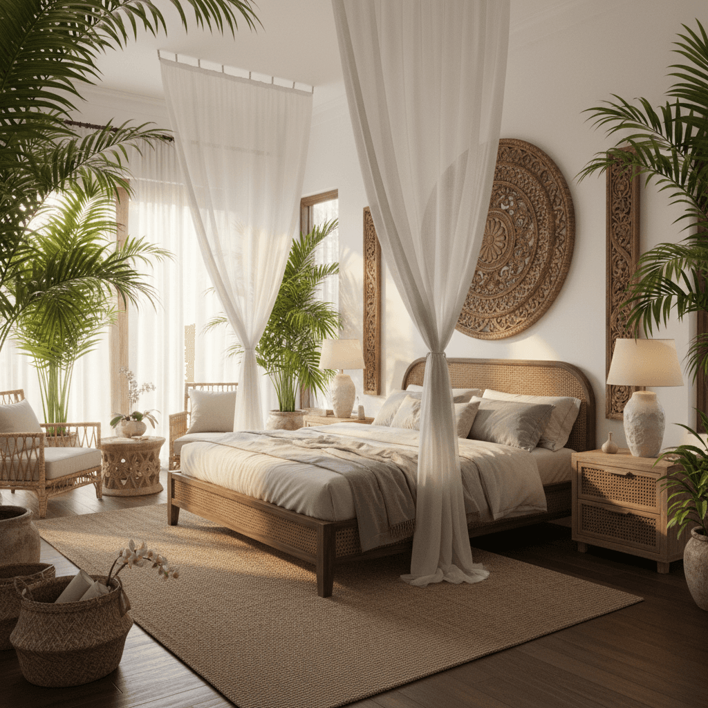 A beautiful Master Bedroom designed in Bali style. Transform this interior into a Bali-inspired space while keeping walls and layout. Blend bamboo and rattan, neutral linens, tropical greenery, and carved accents. Use warm lighting, airy curtains, and layered natural textures for a calm island mood. The space features carefully selected furniture, harmonious colors, natural lighting, and thoughtfully placed decorative elements that create a welcoming and aesthetically pleasing atmosphere. - Bali Master Bedroom designed with AI by Interiores AI