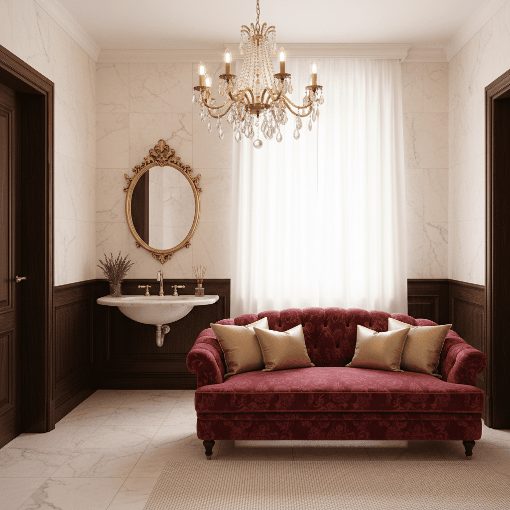 Design a serene Parisian-style spa room with creamy white walls and floors, complemented by rich, dark hardwood accents. The space features a plush, tufted velvet sofa in a deep berry red hue, upholstered in a subtle damask pattern, and adorned with plush throw pillows in soft, pale gold. A stunning, antique-inspired mirror with gilded frame hangs above a marble-topped, oval-shaped vanity, where a delicate, porcelain sink and a pair of matching, crystal-encrusted faucets await. Soft, golden lighting spills from a show-stopping, crystal chandelier suspended above the room, casting a warm, inviting glow. The atmosphere is tranquil, with the scent of fresh lavender and bergamot wafting through the air, as a plush, cream-colored area rug and a floor-to-ceiling, sheer white curtain filter the view, creating a sense of seclusion and intimacy. - Parisian Spa / Sauna designed with AI by Interiores AI