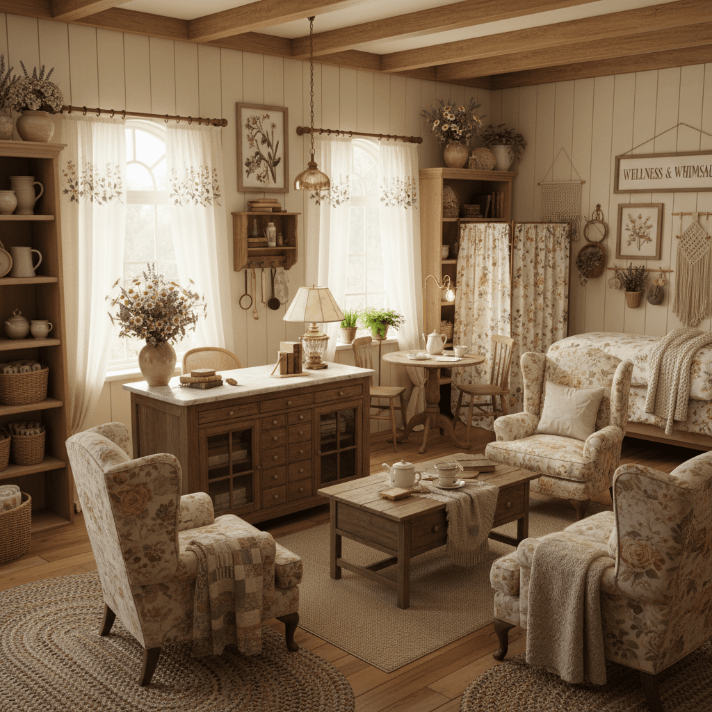 A beautiful Medical Office designed in Cottagecore style. Transform this room into cottagecore while keeping layout. Use vintage-inspired furniture, floral fabrics, handmade accents, warm wood, and soft lighting. Add open shelving with ceramics, fresh flowers, and cozy textures for a pastoral, homey feel. The space features carefully selected furniture, harmonious colors, natural lighting, and thoughtfully placed decorative elements that create a welcoming and aesthetically pleasing atmosphere. - Cottagecore Medical Office designed with AI by Interiores AI