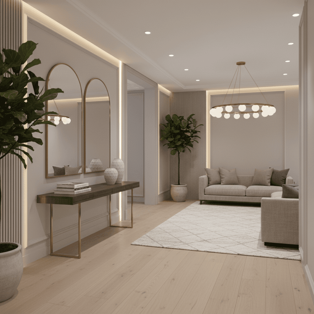 Generate an interior design for a Hallway in Balanced Transitional style, characterized by a neutral color palette, clean lines, and a mix of classic and modern elements. Incorporate a combination of wood tones, metallic accents, and soft lighting to create a sense of warmth and elegance. Use a plush area rug in a neutral hue to define the space and add texture. Incorporate a statement piece, such as a sleek console table or a pair of oversized mirrors, to add visual interest. Balance traditional and modern elements with a neutral-toned sectional sofa and a minimalist chandelier, suspended from the ceiling to create a sense of airiness. - Balanced Transitional Hallway designed with AI by Interiores AI