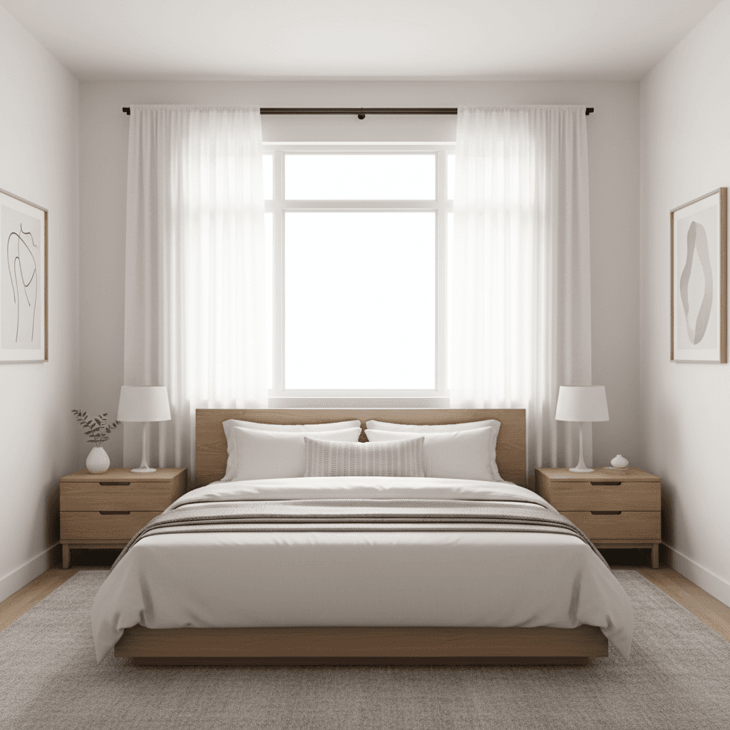 Create a serene Master Bedroom in Simple style, featuring a calming color palette with soft whites, creams, and pale grays. The room is illuminated by warm, natural light pouring in through a large window above the bed, with sheer white curtains filtering the sun's rays. A plush, low-profile king-size bed with a simple wooden headboard and matching nightstands sits against a wall, surrounded by a minimalist area rug in a soft gray tone. The walls are painted a crisp white, and the space is accessorized with a few, carefully curated pieces of simple, modern artwork and a small, elegant nightstand lamp. The overall atmosphere is peaceful and calming, inviting relaxation and tranquility. - Simple Master Bedroom designed with AI by Interiores AI