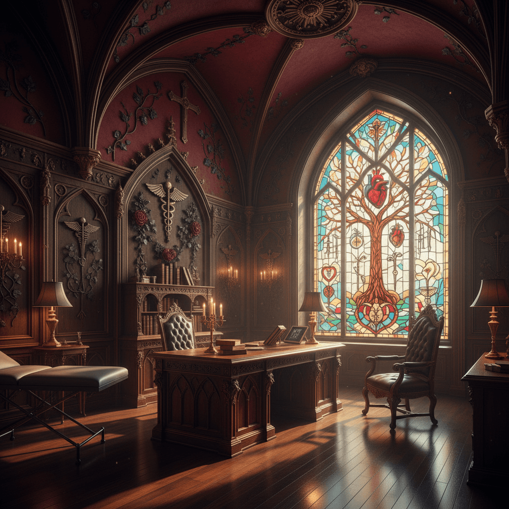 Create a Medical Office in a Gothic Revival style, with a rich, mysterious atmosphere. The space features dark, warm wood paneling on the walls and ceiling, with intricate carvings of medical symbols and foliage. Walls are painted a deep, rich red, with high ceilings adorned with ornate, gilded moldings. The floor is made of dark, polished hardwood, and the furniture is a mix of antique and modern pieces, including a grand, Gothic-style wooden desk and leather-bound armchairs. Soft, warm lighting is provided by candelabras and table lamps, casting flickering shadows on the walls. A stunning, stained glass window at the far end of the room filters the light, casting a kaleidoscope of colors across the space. - Gothic Medical Office designed with AI by Interiores AI